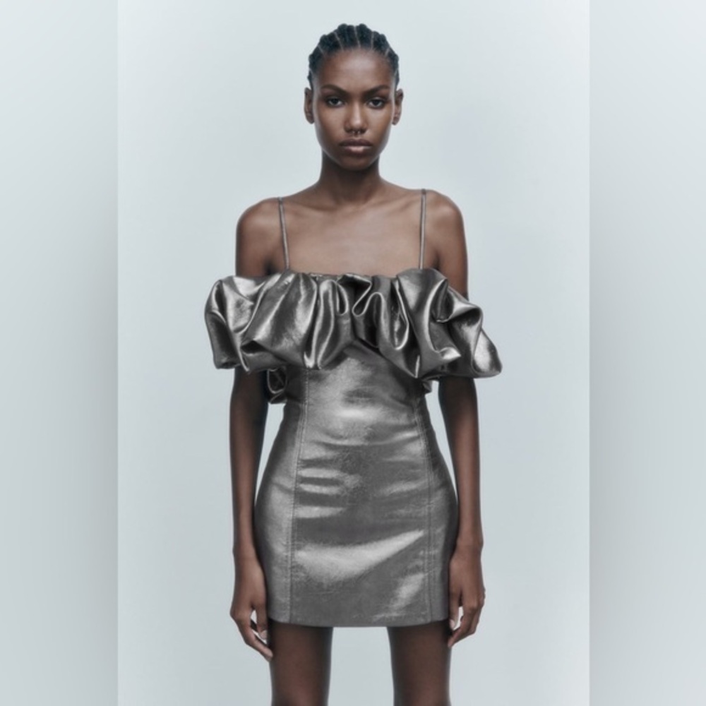 Brand New Zara Metallic Silver Voluminous Short Dress Size S Ref 7707/308